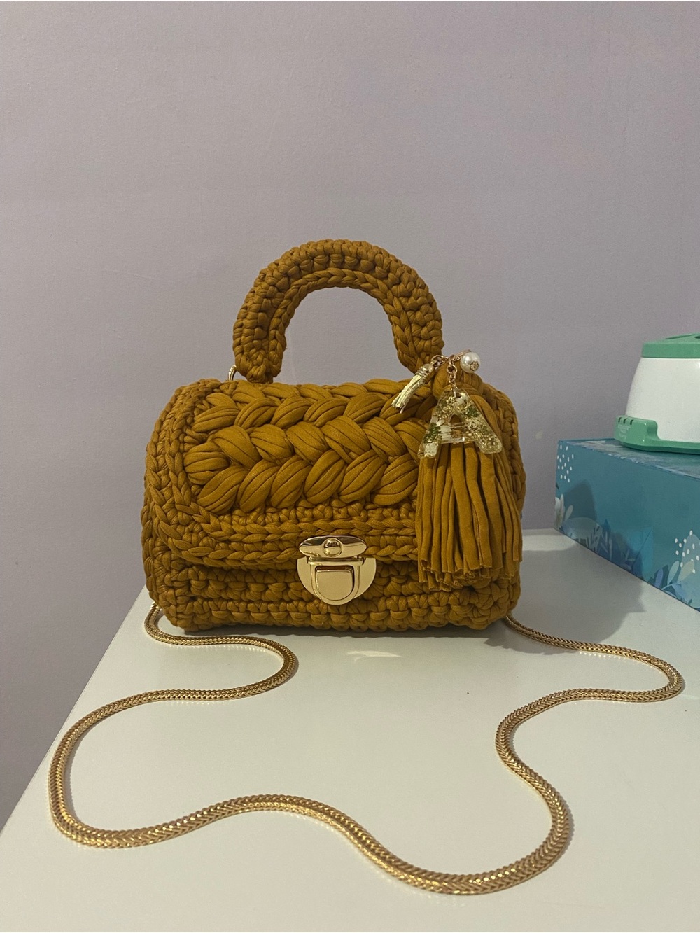 Handwoven Mustard Crochet Top-Handle Bag with Tassel Accent